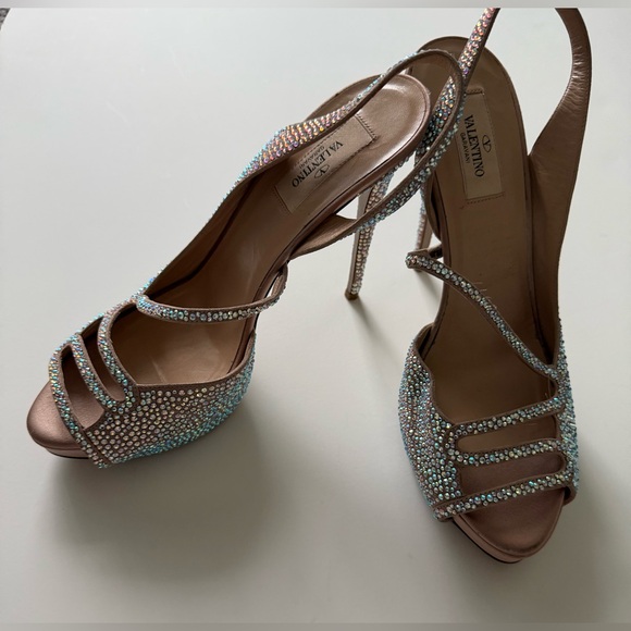 Valentino Beige Crystal Embellished Leather Platform Slingback Sandals Size 40 - Picture 7 of 13